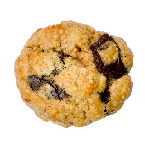 a round golden cookie with chunks of dark chocolate 