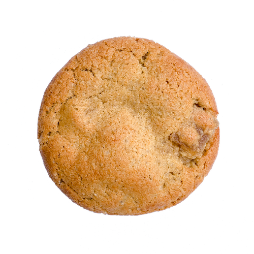 a dark golden ginger cookie with a spread of ground up ginger candy on top